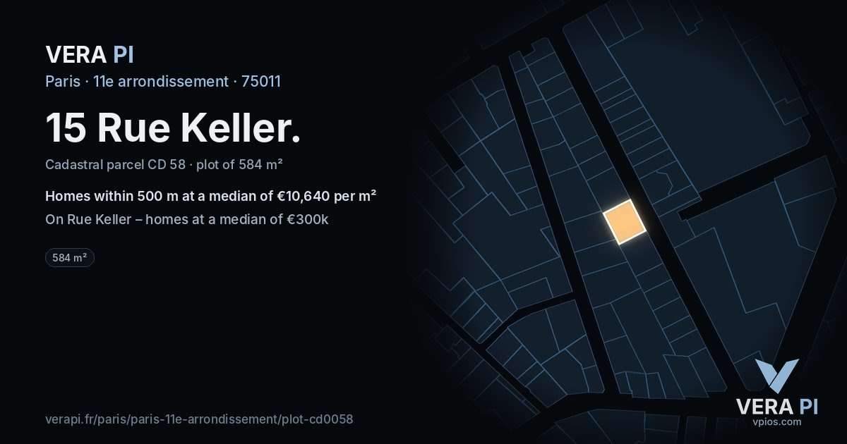 15 Rue Keller, 11e arrondissement at night – the plot lit, the parcels around coloured by the prices near them