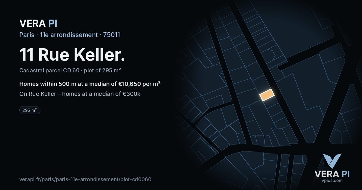 11 Rue Keller, 11e arrondissement at night – the plot lit, the parcels around coloured by the prices near them