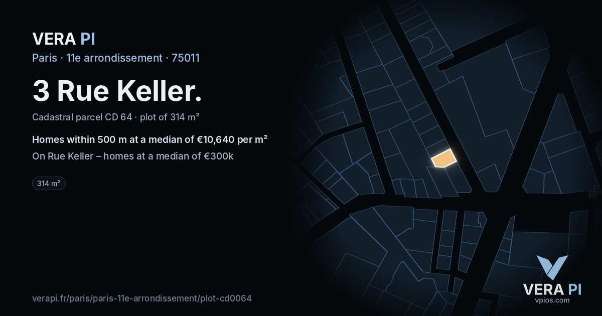 3 Rue Keller, 11e arrondissement at night – the plot lit, the parcels around coloured by the prices near them