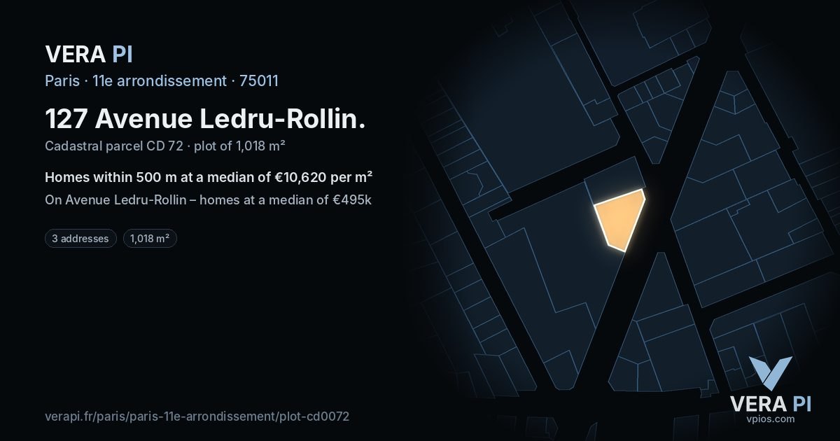 127 Avenue Ledru-Rollin, 11e arrondissement at night – the plot lit, the parcels around coloured by the prices near them