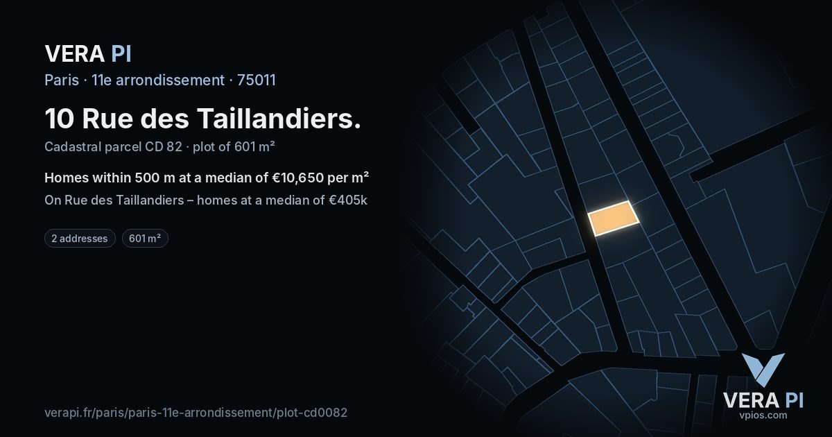10 Rue des Taillandiers, 11e arrondissement at night – the plot lit, the parcels around coloured by the prices near them