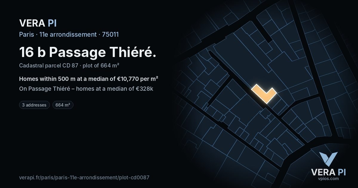 16 b Passage Thiéré, 11e arrondissement at night – the plot lit, the parcels around coloured by the prices near them