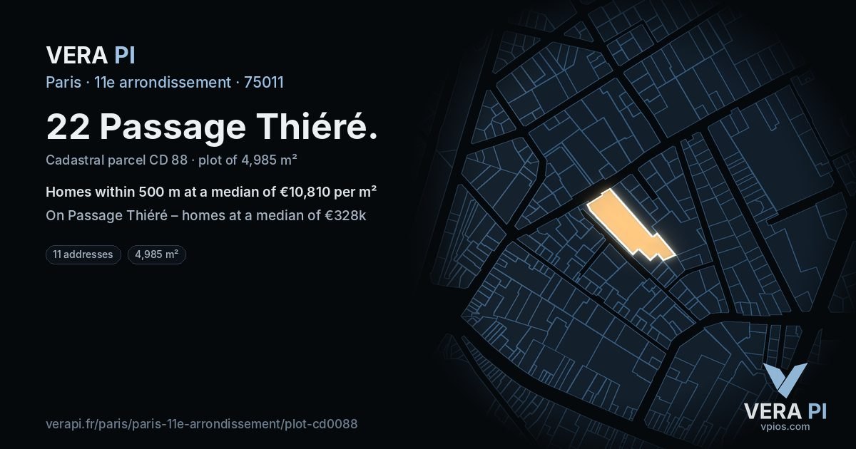 22 Passage Thiéré, 11e arrondissement at night – the plot lit, the parcels around coloured by the prices near them