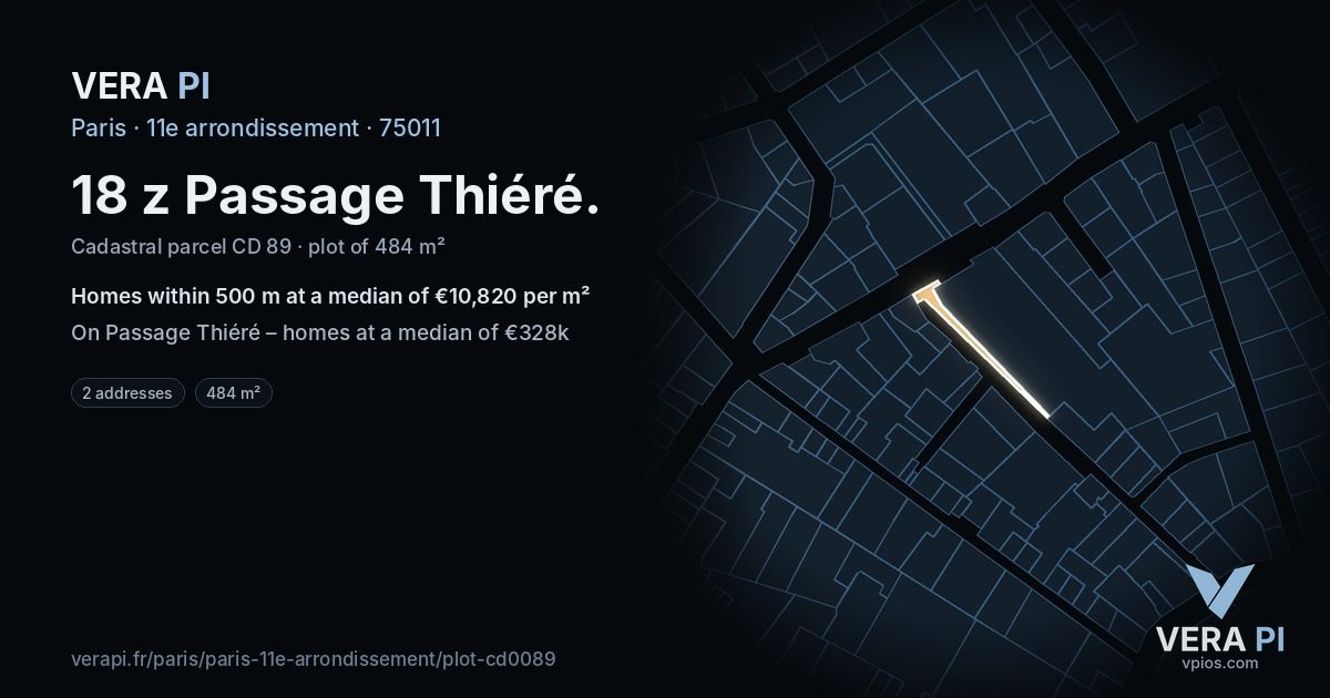 18 z Passage Thiéré, 11e arrondissement at night – the plot lit, the parcels around coloured by the prices near them