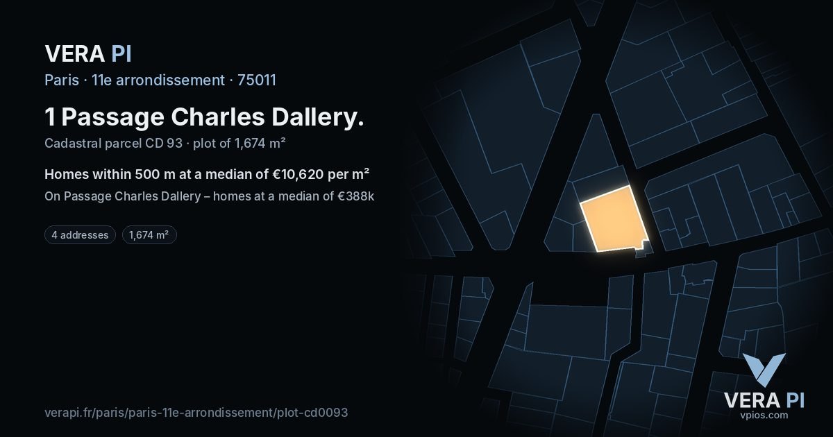 1 Passage Charles Dallery, 11e arrondissement at night – the plot lit, the parcels around coloured by the prices near them