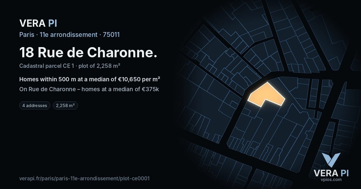 18 Rue de Charonne, 11e arrondissement at night – the plot lit, the parcels around coloured by the prices near them