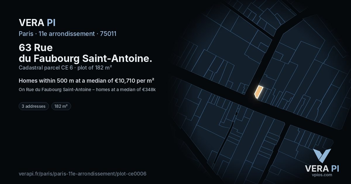 63 Rue du Faubourg Saint-Antoine, 11e arrondissement at night – the plot lit, the parcels around coloured by the prices near them