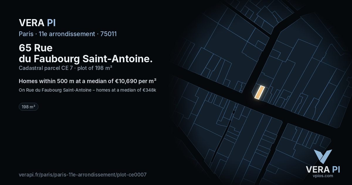 65 Rue du Faubourg Saint-Antoine, 11e arrondissement at night – the plot lit, the parcels around coloured by the prices near them