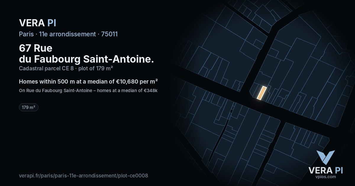 67 Rue du Faubourg Saint-Antoine, 11e arrondissement at night – the plot lit, the parcels around coloured by the prices near them
