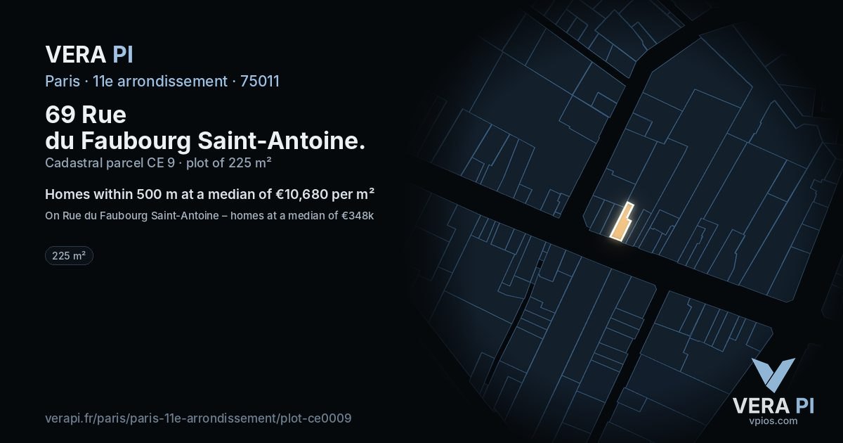 69 Rue du Faubourg Saint-Antoine, 11e arrondissement at night – the plot lit, the parcels around coloured by the prices near them