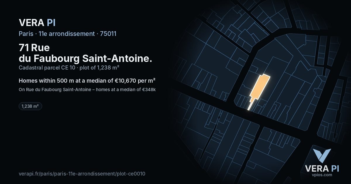 71 Rue du Faubourg Saint-Antoine, 11e arrondissement at night – the plot lit, the parcels around coloured by the prices near them