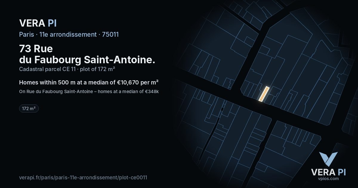 73 Rue du Faubourg Saint-Antoine, 11e arrondissement at night – the plot lit, the parcels around coloured by the prices near them