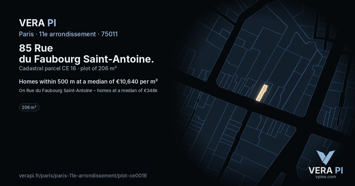 85 Rue du Faubourg Saint-Antoine, 11e arrondissement at night – the plot lit, the parcels around coloured by the prices near them
