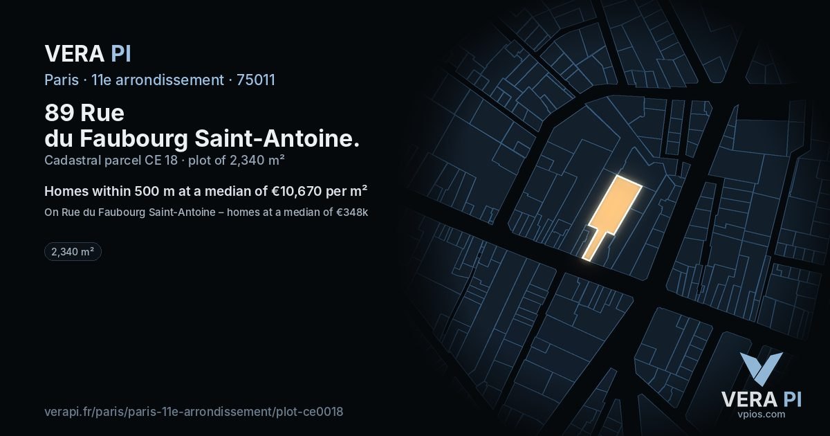89 Rue du Faubourg Saint-Antoine, 11e arrondissement at night – the plot lit, the parcels around coloured by the prices near them