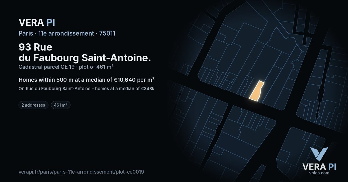93 Rue du Faubourg Saint-Antoine, 11e arrondissement at night – the plot lit, the parcels around coloured by the prices near them