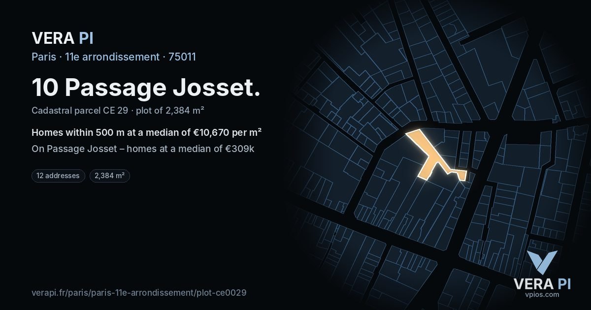 10 Passage Josset, 11e arrondissement at night – the plot lit, the parcels around coloured by the prices near them