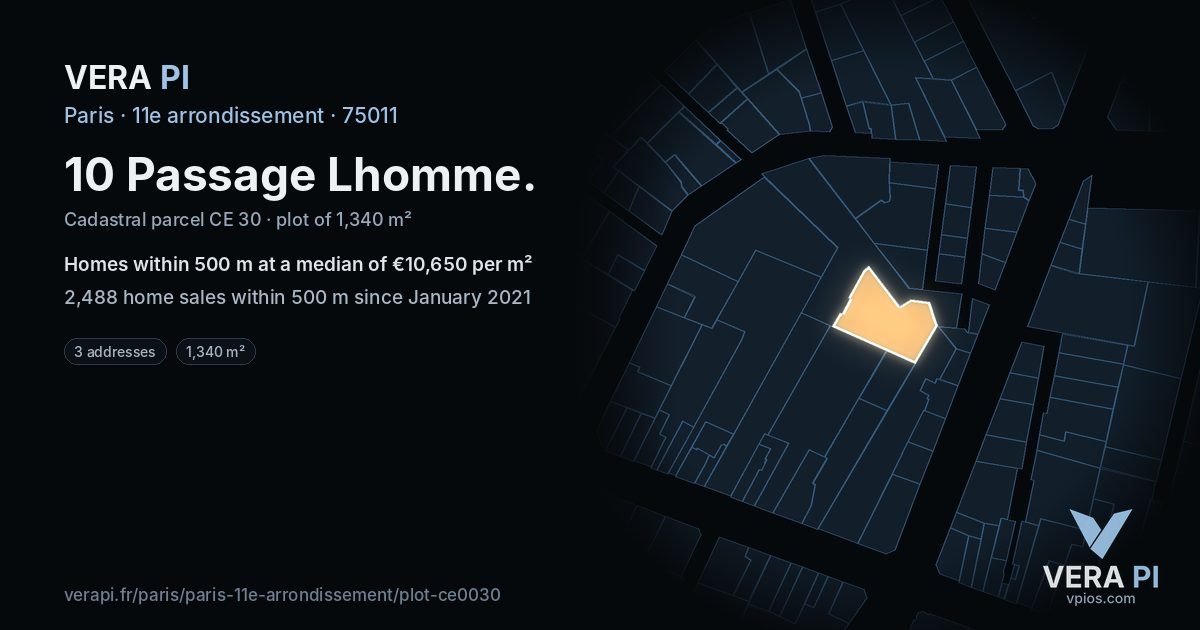 10 Passage Lhomme, 11e arrondissement at night – the plot lit, the parcels around coloured by the prices near them