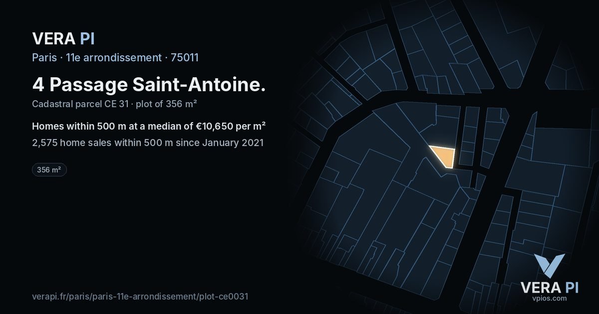 4 Passage Saint-Antoine, 11e arrondissement at night – the plot lit, the parcels around coloured by the prices near them