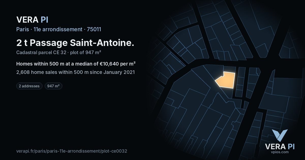 2 t Passage Saint-Antoine, 11e arrondissement at night – the plot lit, the parcels around coloured by the prices near them