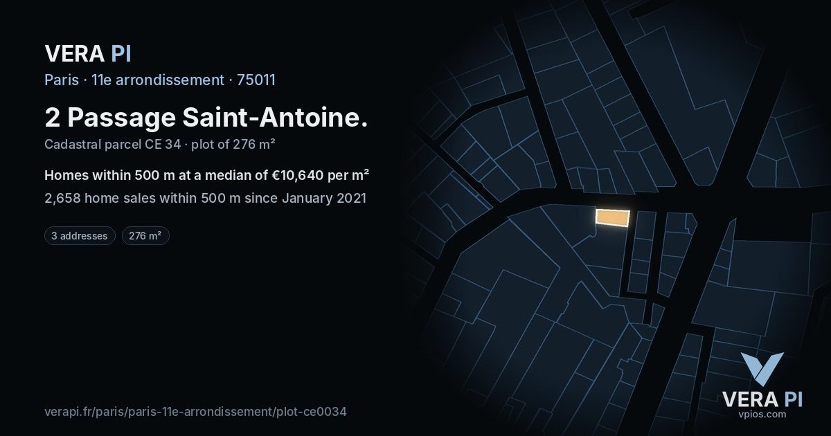 2 Passage Saint-Antoine, 11e arrondissement at night – the plot lit, the parcels around coloured by the prices near them