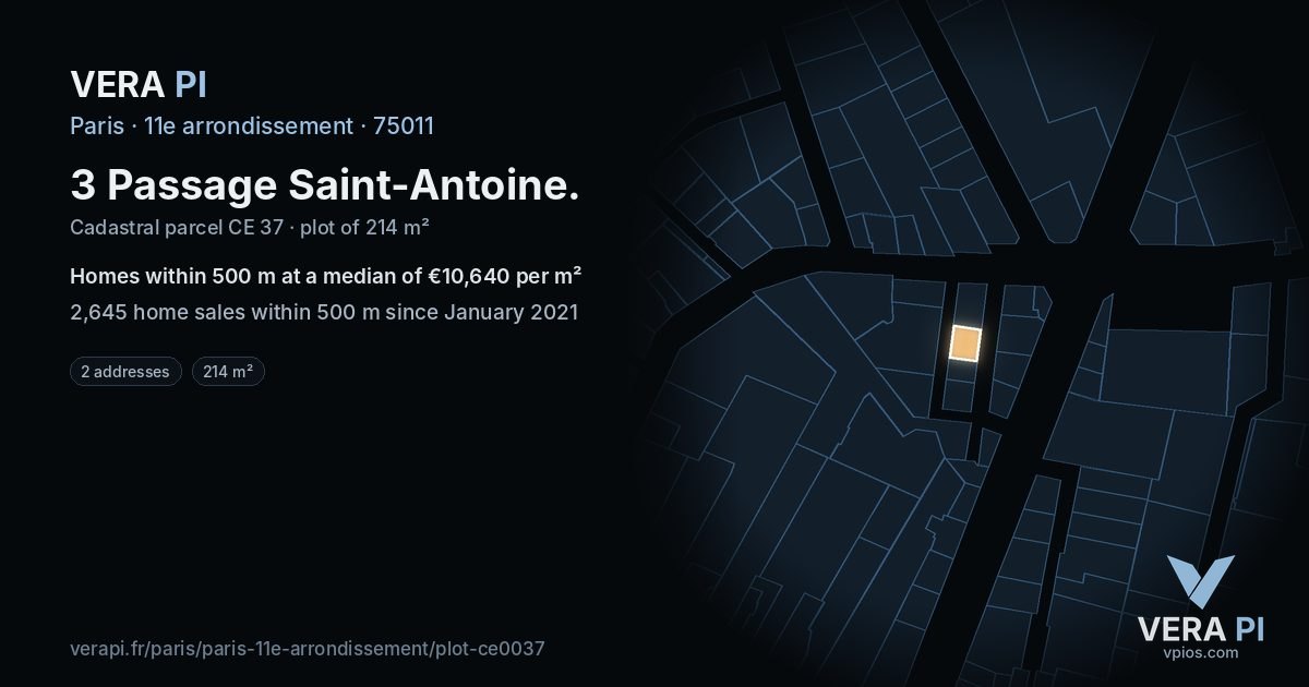 3 Passage Saint-Antoine, 11e arrondissement at night – the plot lit, the parcels around coloured by the prices near them