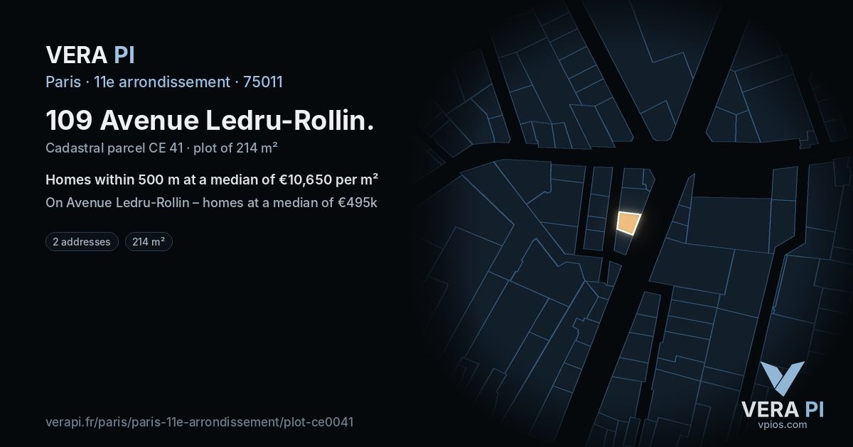 109 Avenue Ledru-Rollin, 11e arrondissement at night – the plot lit, the parcels around coloured by the prices near them
