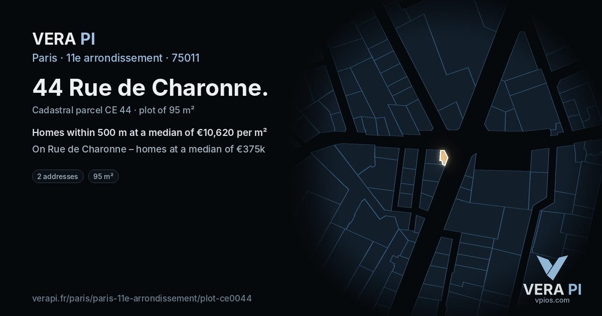 44 Rue de Charonne, 11e arrondissement at night – the plot lit, the parcels around coloured by the prices near them