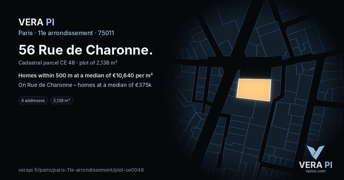 56 Rue de Charonne, 11e arrondissement at night – the plot lit, the parcels around coloured by the prices near them