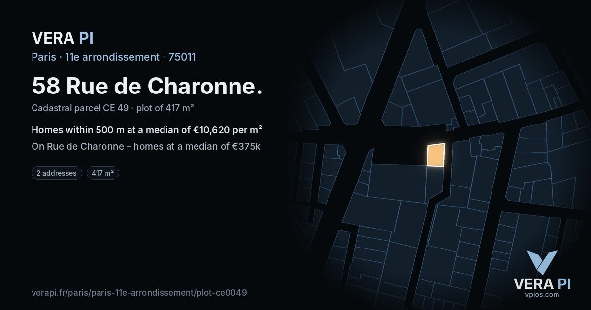 58 Rue de Charonne, 11e arrondissement at night – the plot lit, the parcels around coloured by the prices near them