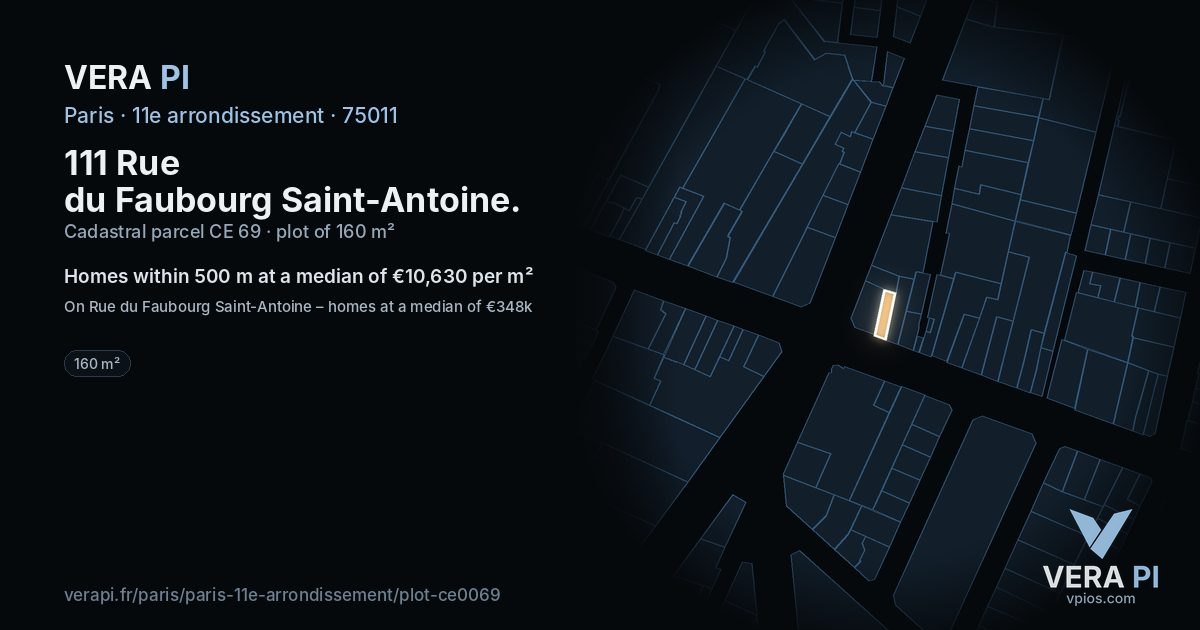 111 Rue du Faubourg Saint-Antoine, 11e arrondissement at night – the plot lit, the parcels around coloured by the prices near them