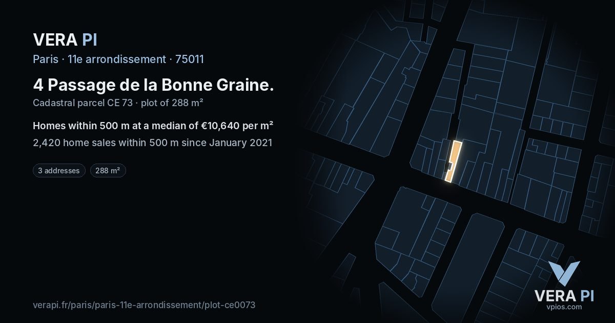4 Passage de la Bonne Graine, 11e arrondissement at night – the plot lit, the parcels around coloured by the prices near them