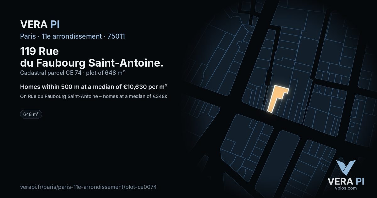 119 Rue du Faubourg Saint-Antoine, 11e arrondissement at night – the plot lit, the parcels around coloured by the prices near them