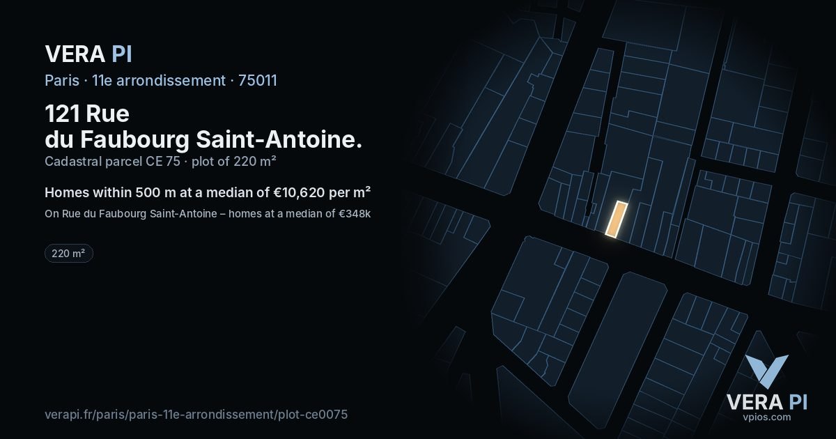 121 Rue du Faubourg Saint-Antoine, 11e arrondissement at night – the plot lit, the parcels around coloured by the prices near them
