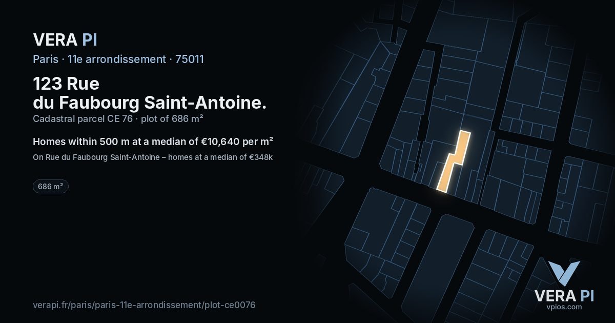 123 Rue du Faubourg Saint-Antoine, 11e arrondissement at night – the plot lit, the parcels around coloured by the prices near them