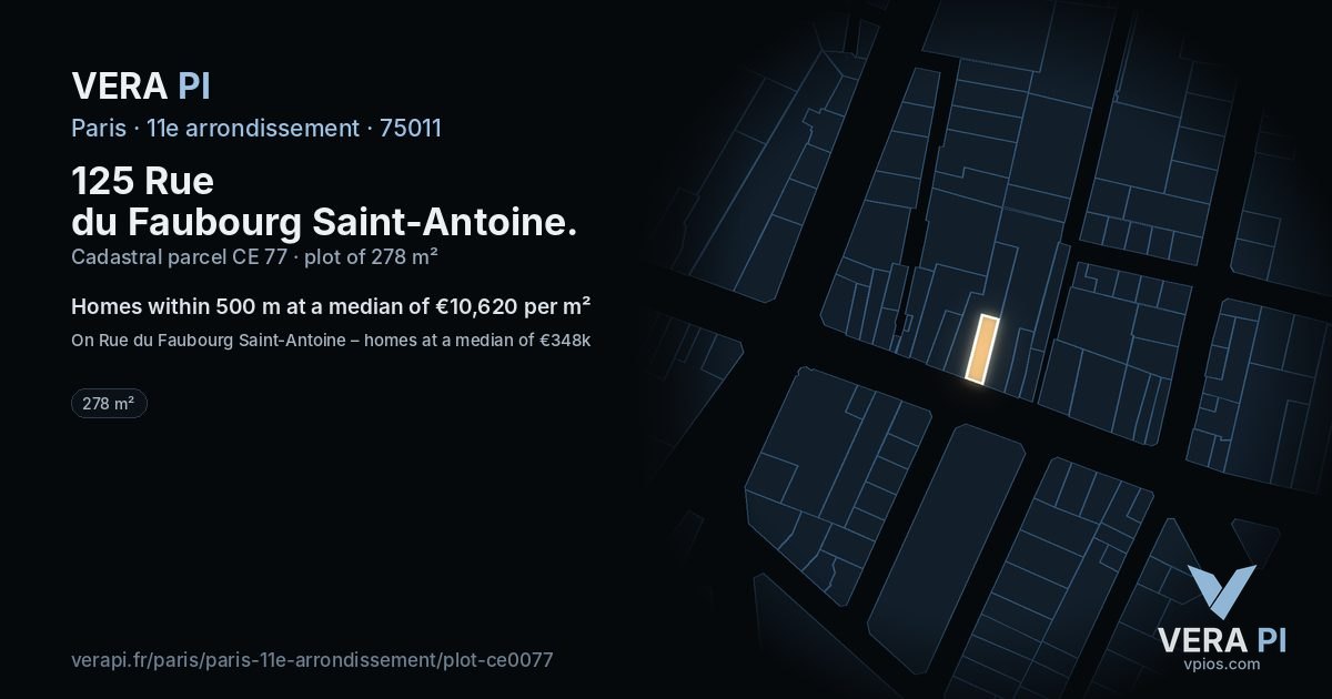 125 Rue du Faubourg Saint-Antoine, 11e arrondissement at night – the plot lit, the parcels around coloured by the prices near them