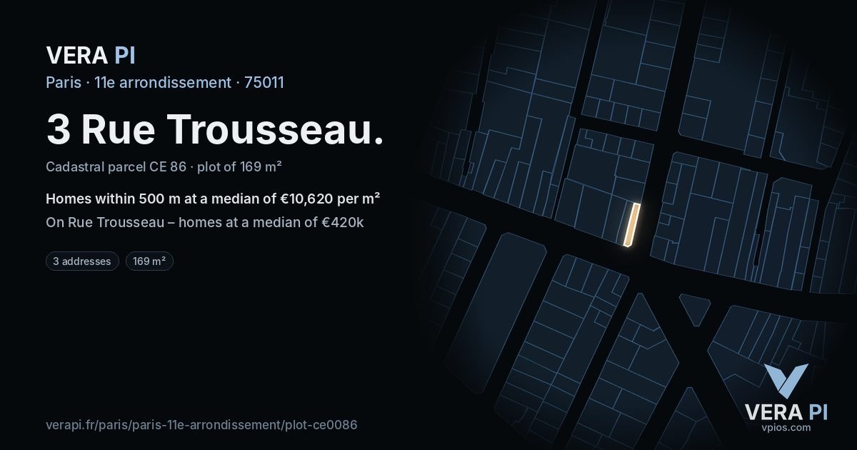 3 Rue Trousseau, 11e arrondissement at night – the plot lit, the parcels around coloured by the prices near them