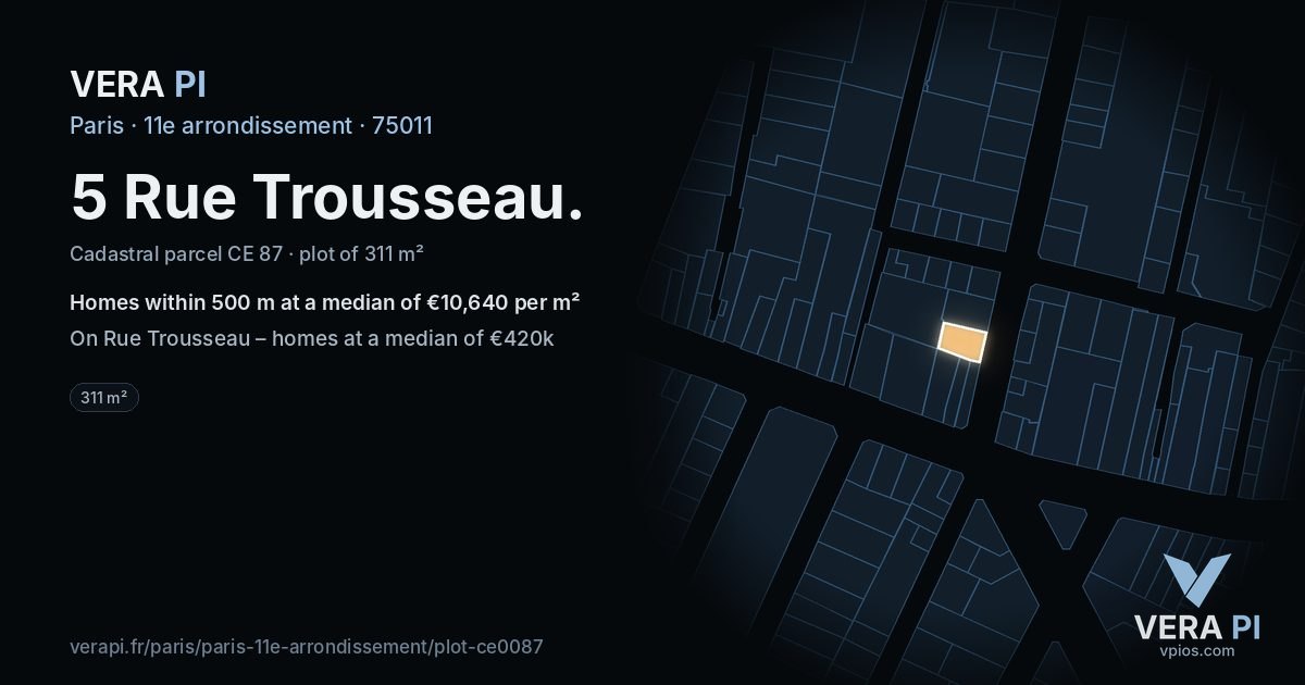5 Rue Trousseau, 11e arrondissement at night – the plot lit, the parcels around coloured by the prices near them