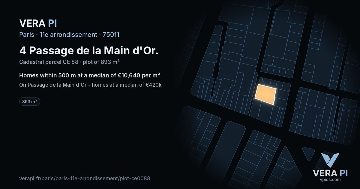 4 Passage de la Main d'Or, 11e arrondissement at night – the plot lit, the parcels around coloured by the prices near them