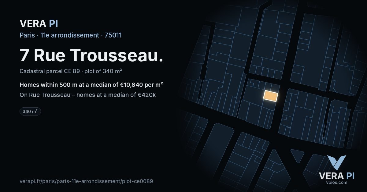 7 Rue Trousseau, 11e arrondissement at night – the plot lit, the parcels around coloured by the prices near them
