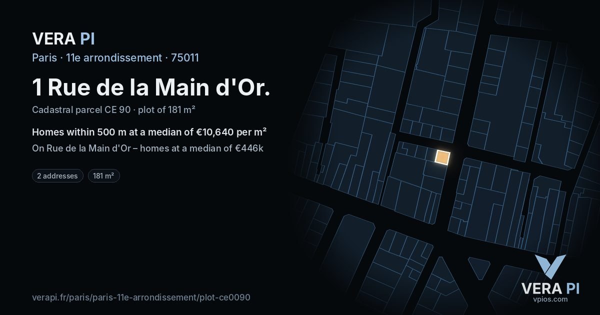 1 Rue de la Main d'Or, 11e arrondissement at night – the plot lit, the parcels around coloured by the prices near them