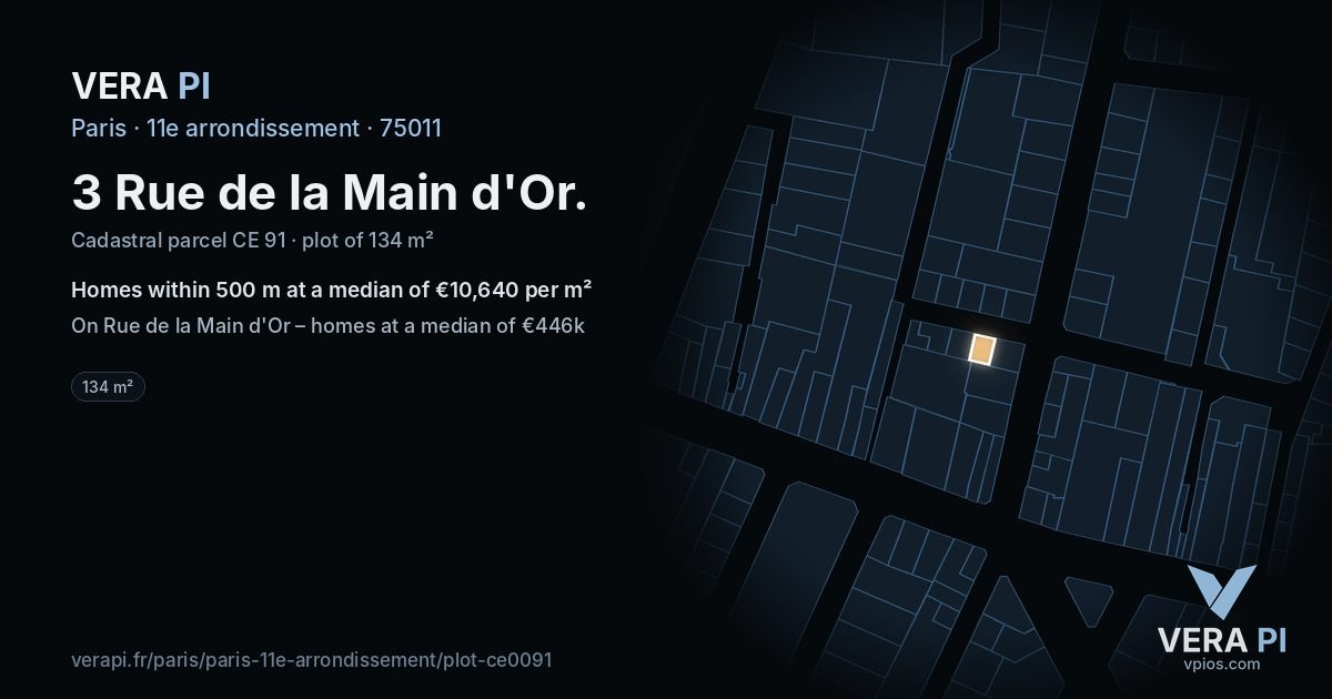 3 Rue de la Main d'Or, 11e arrondissement at night – the plot lit, the parcels around coloured by the prices near them