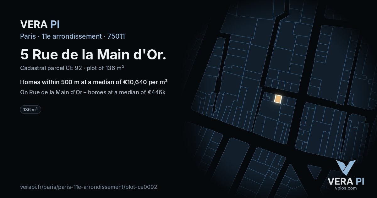 5 Rue de la Main d'Or, 11e arrondissement at night – the plot lit, the parcels around coloured by the prices near them
