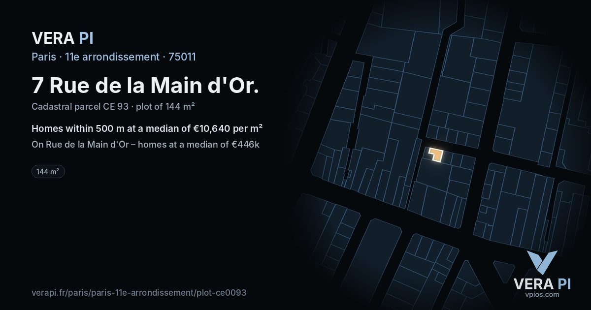 7 Rue de la Main d'Or, 11e arrondissement at night – the plot lit, the parcels around coloured by the prices near them
