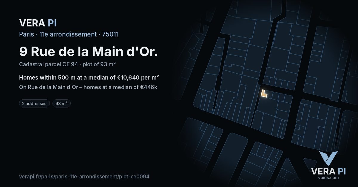 9 Rue de la Main d'Or, 11e arrondissement at night – the plot lit, the parcels around coloured by the prices near them
