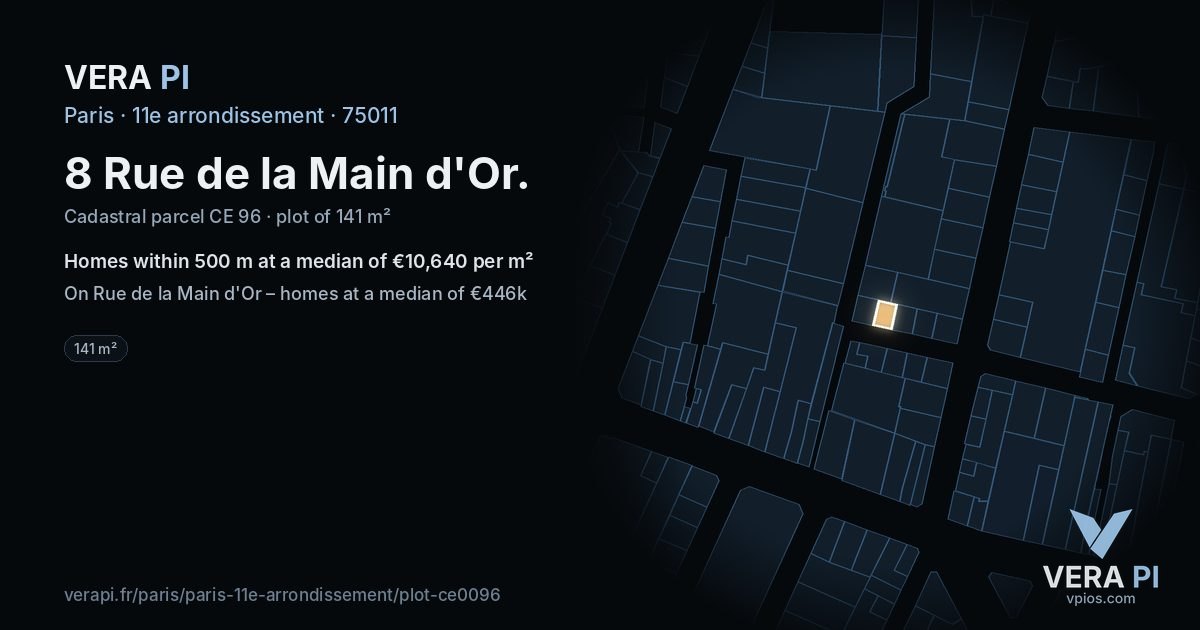 8 Rue de la Main d'Or, 11e arrondissement at night – the plot lit, the parcels around coloured by the prices near them
