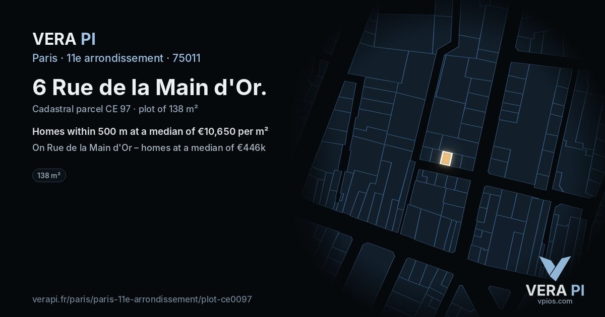 6 Rue de la Main d'Or, 11e arrondissement at night – the plot lit, the parcels around coloured by the prices near them