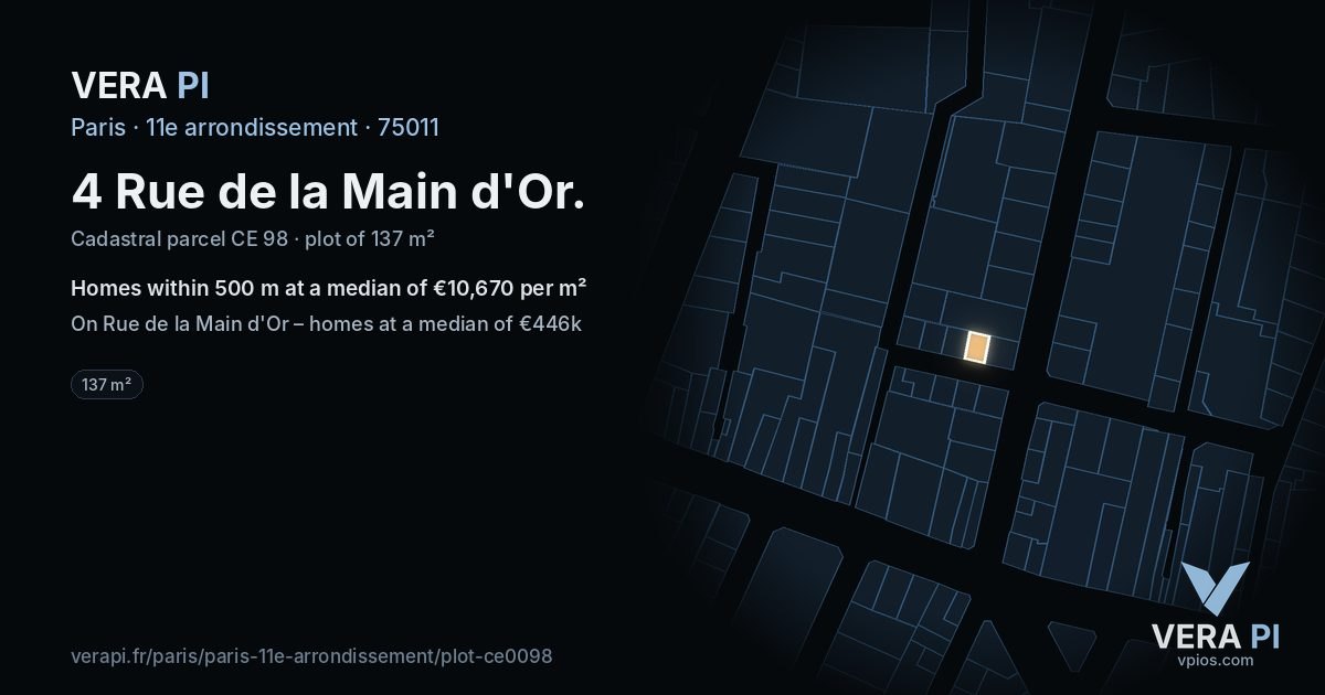 4 Rue de la Main d'Or, 11e arrondissement at night – the plot lit, the parcels around coloured by the prices near them