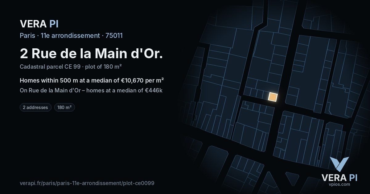 2 Rue de la Main d'Or, 11e arrondissement at night – the plot lit, the parcels around coloured by the prices near them