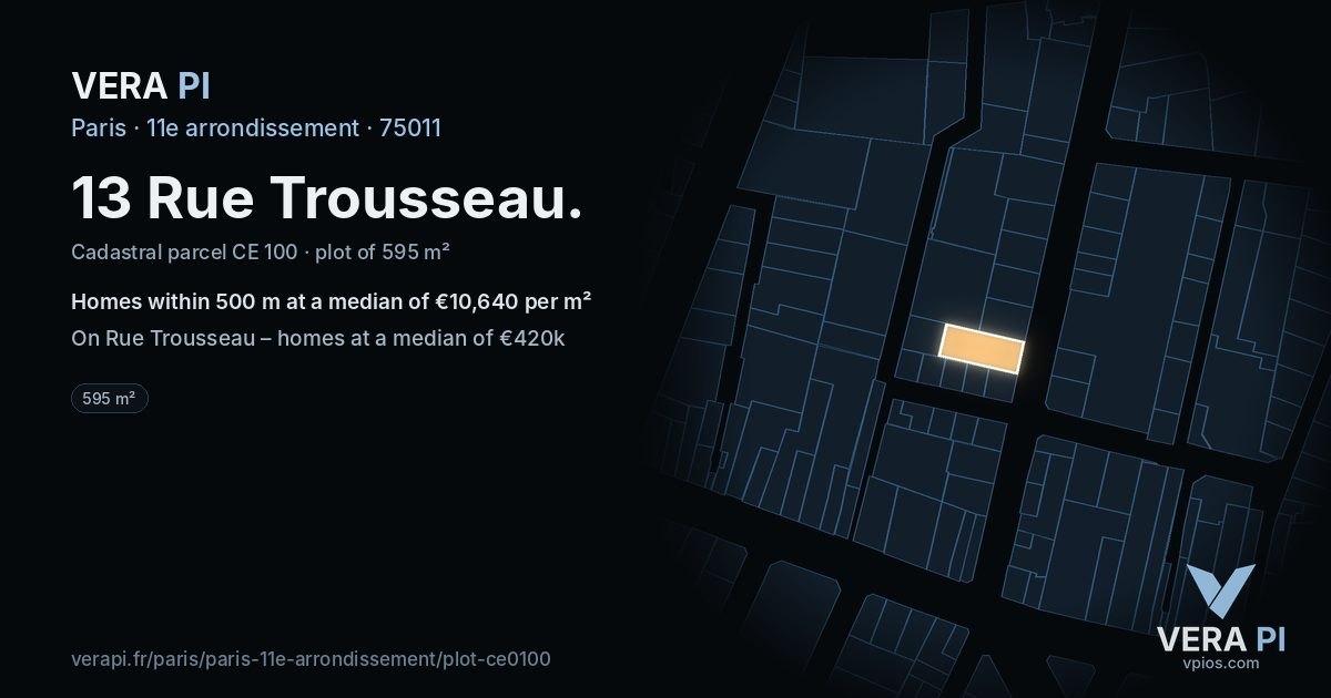 13 Rue Trousseau, 11e arrondissement at night – the plot lit, the parcels around coloured by the prices near them