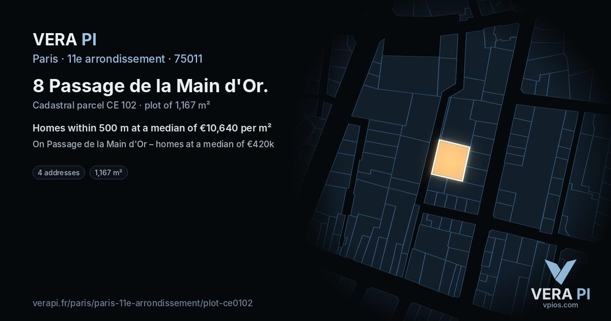 8 Passage de la Main d'Or, 11e arrondissement at night – the plot lit, the parcels around coloured by the prices near them